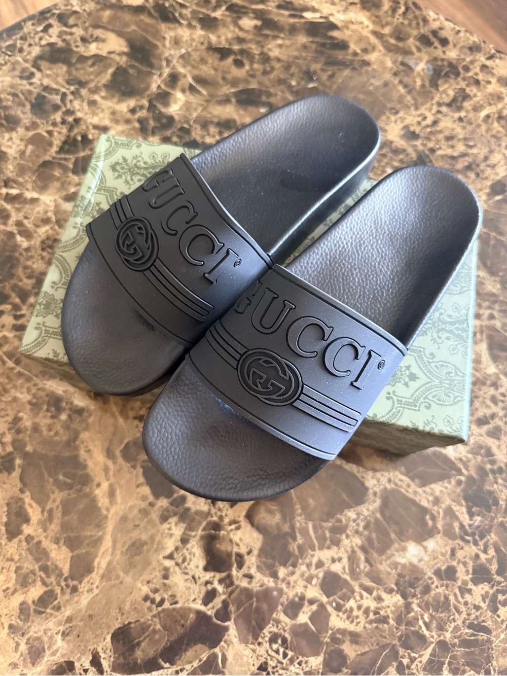 Gucci Black Embossed Logo Rubber Slide Sandals